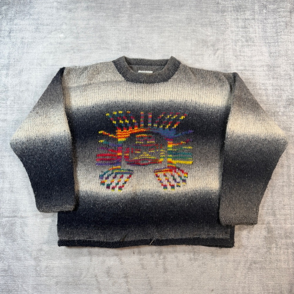 Vintage Handknit Sweater Mens Large Grey Rainbow Aztec Ombre Chunky Pullover
